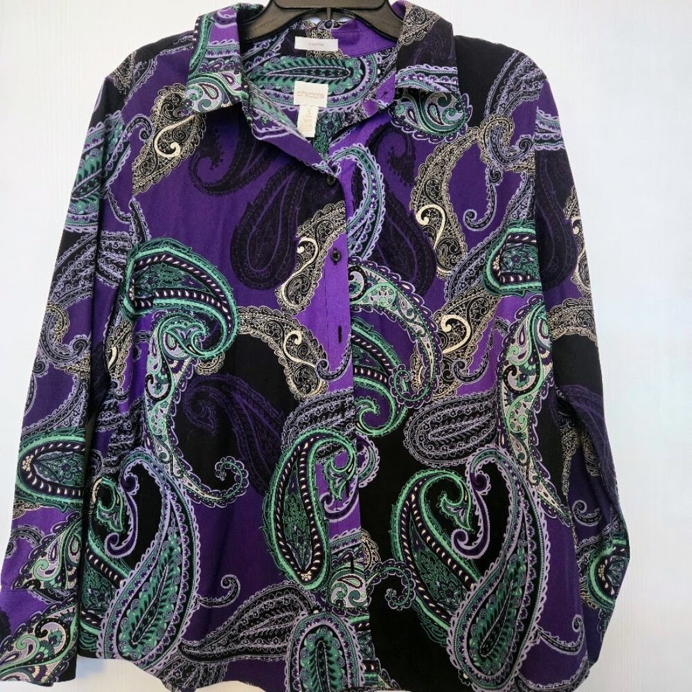 Chico's purple paisley cotton‎ L/S blouse NWOT Size 3P/XLP